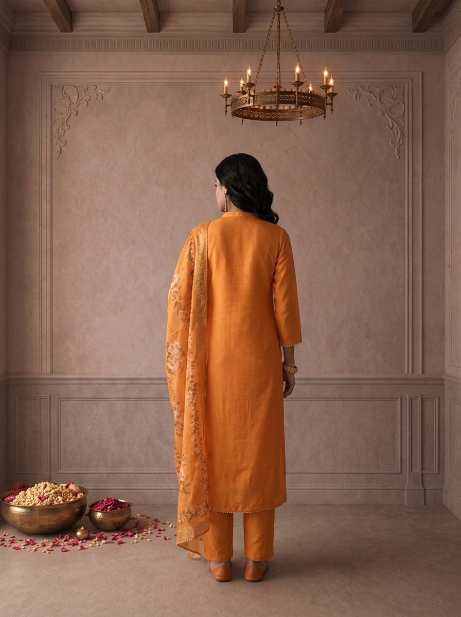 Orange Muslin Thread Embroidered Three Piece Set