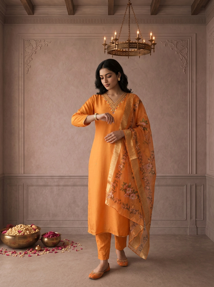 Orange Muslin Thread Embroidered Three Piece Set