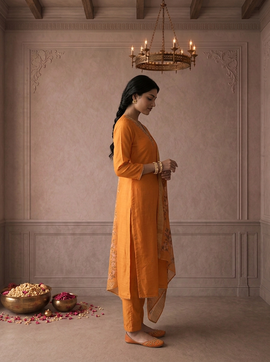 Orange Muslin Thread Embroidered Three Piece Set