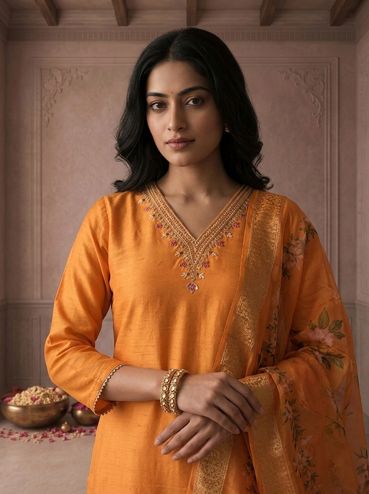 Orange Muslin Thread Embroidered Three Piece Set