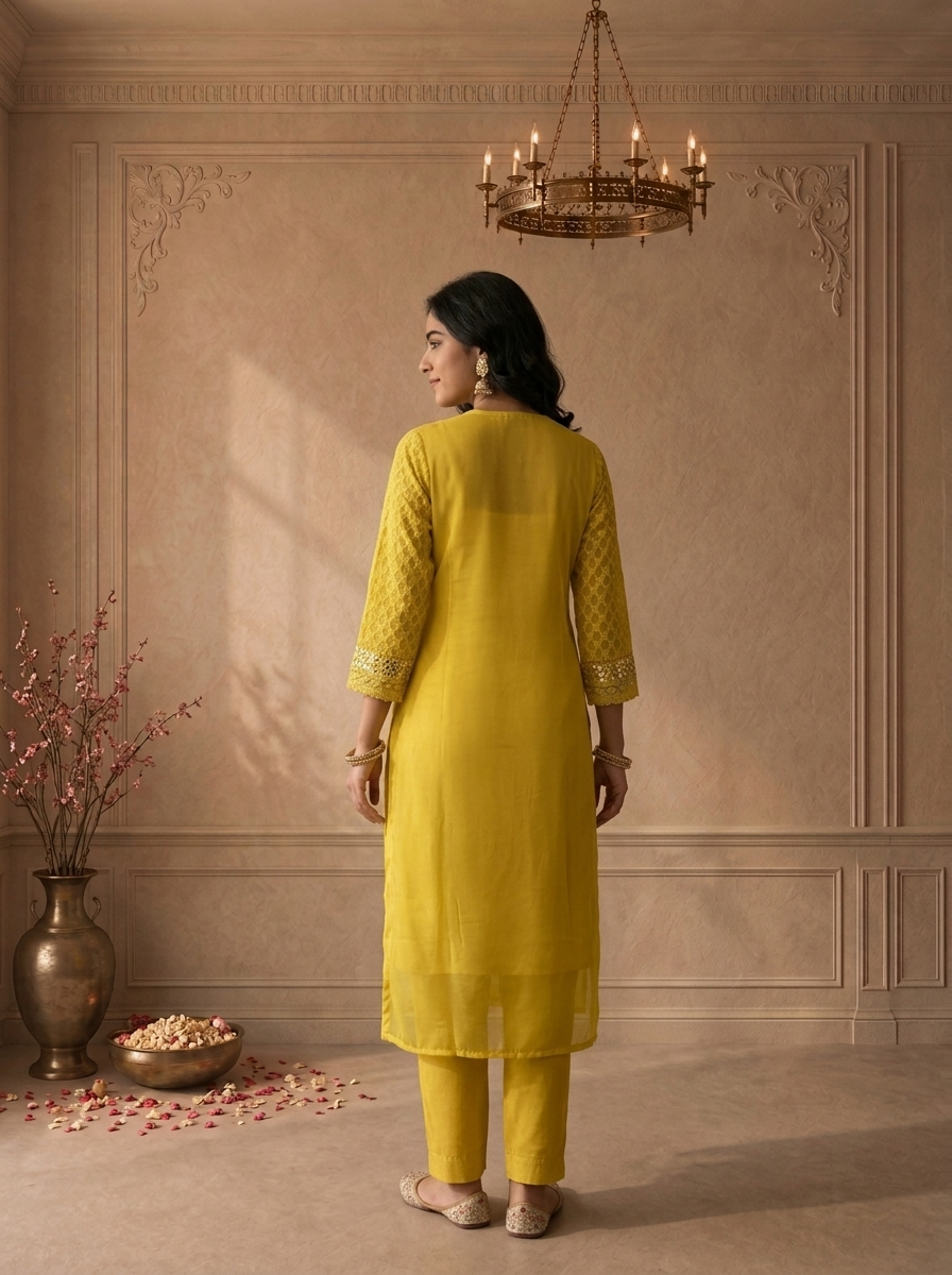 Mustard Green Georgette Thread Embroidered Three Piece Set