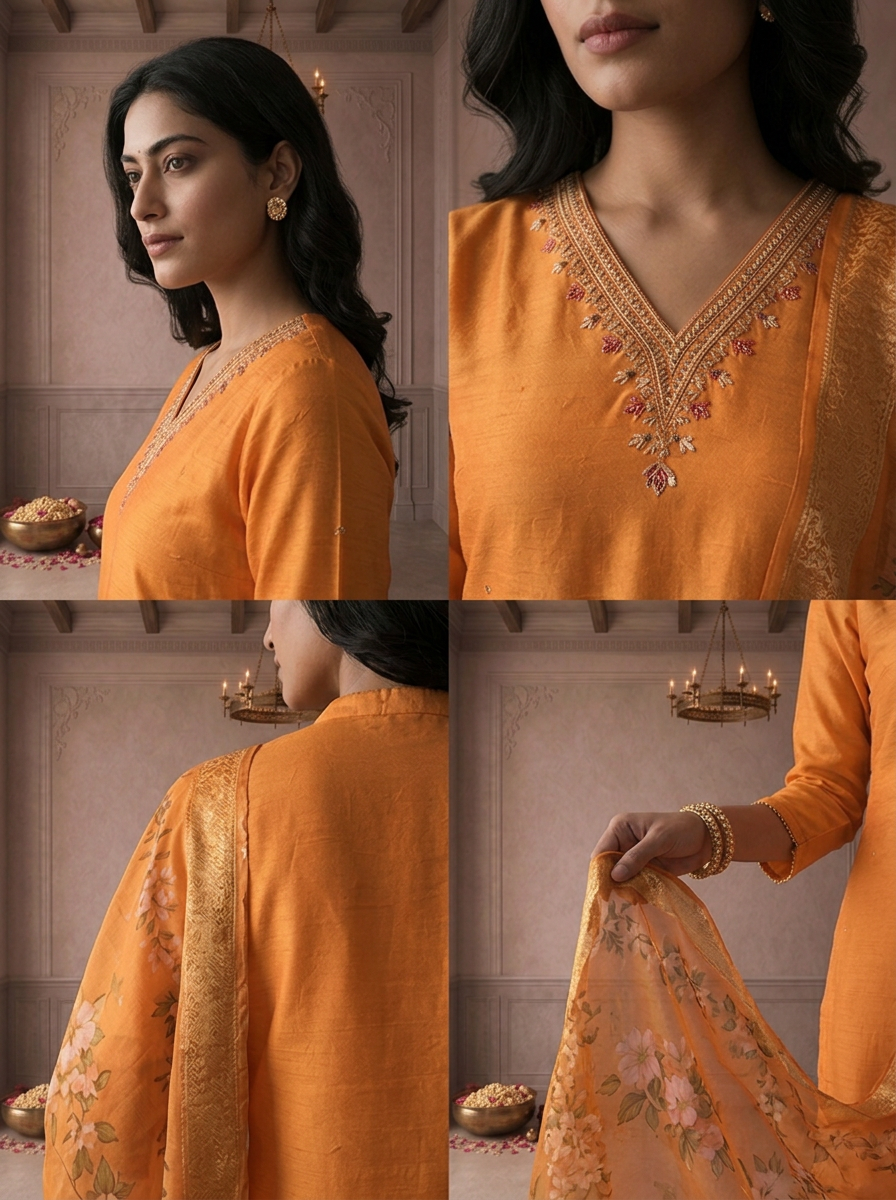 Orange Muslin Thread Embroidered Three Piece Set