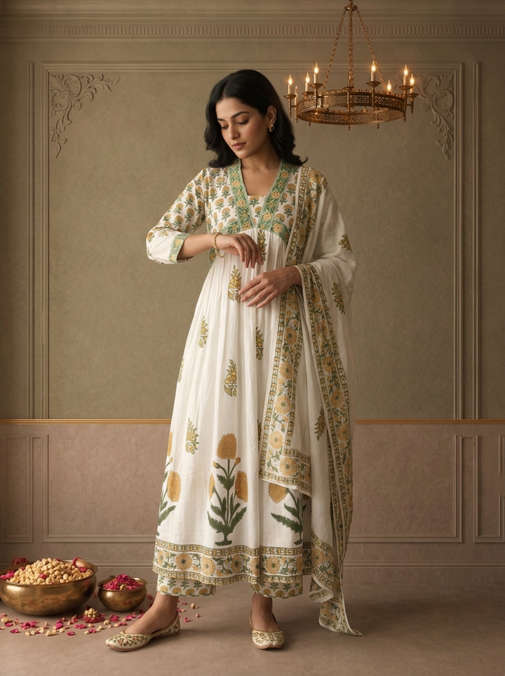 Off White Cotton Mughal Buti Printed Three Piece Set