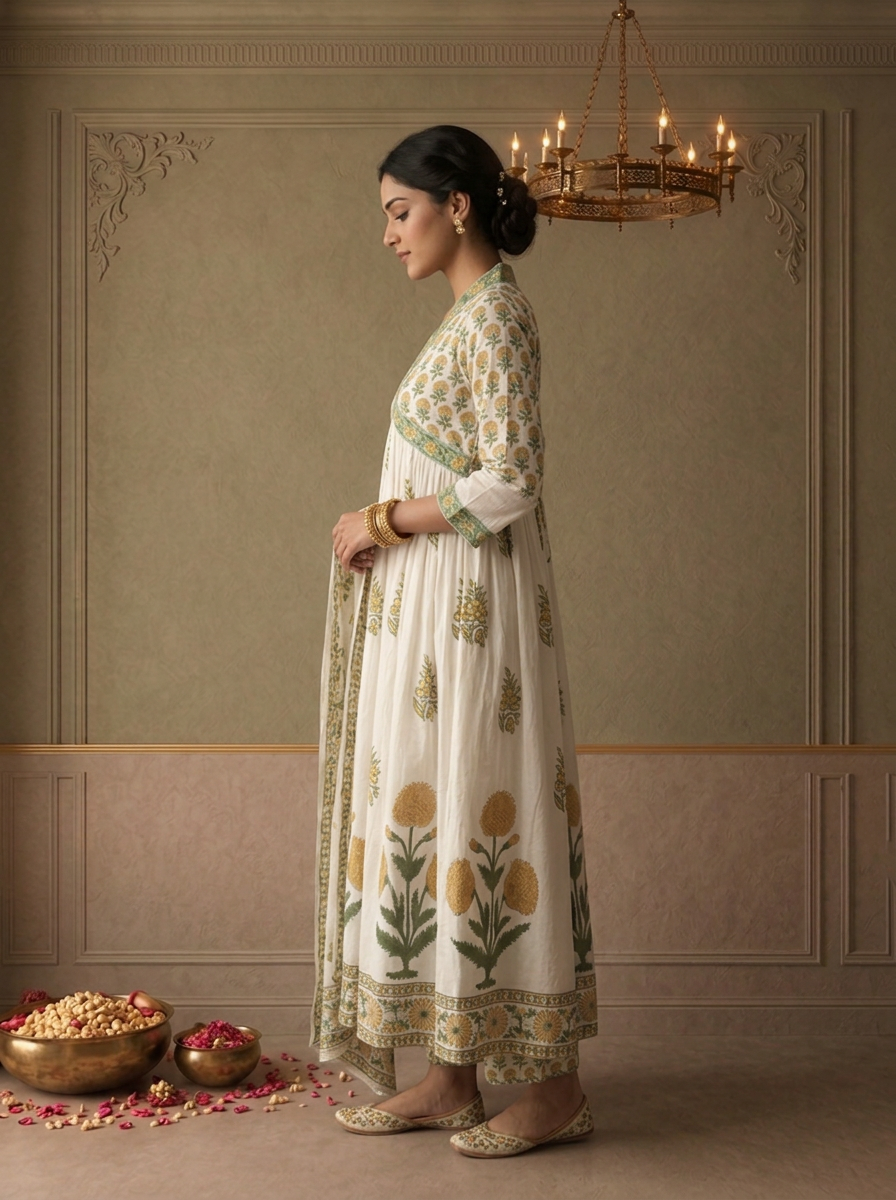 Off White Cotton Mughal Buti Printed Three Piece Set