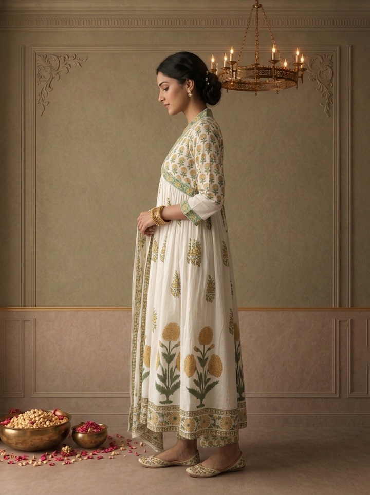 Off White Cotton Mughal Buti Printed Three Piece Set
