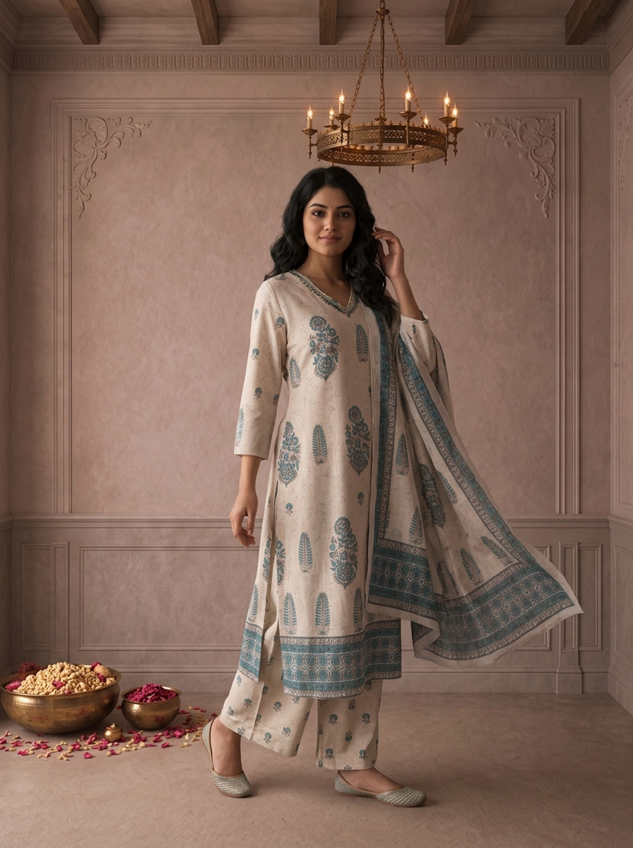 Beige Rayon Mughal Block Placement Printed Three Piece Set