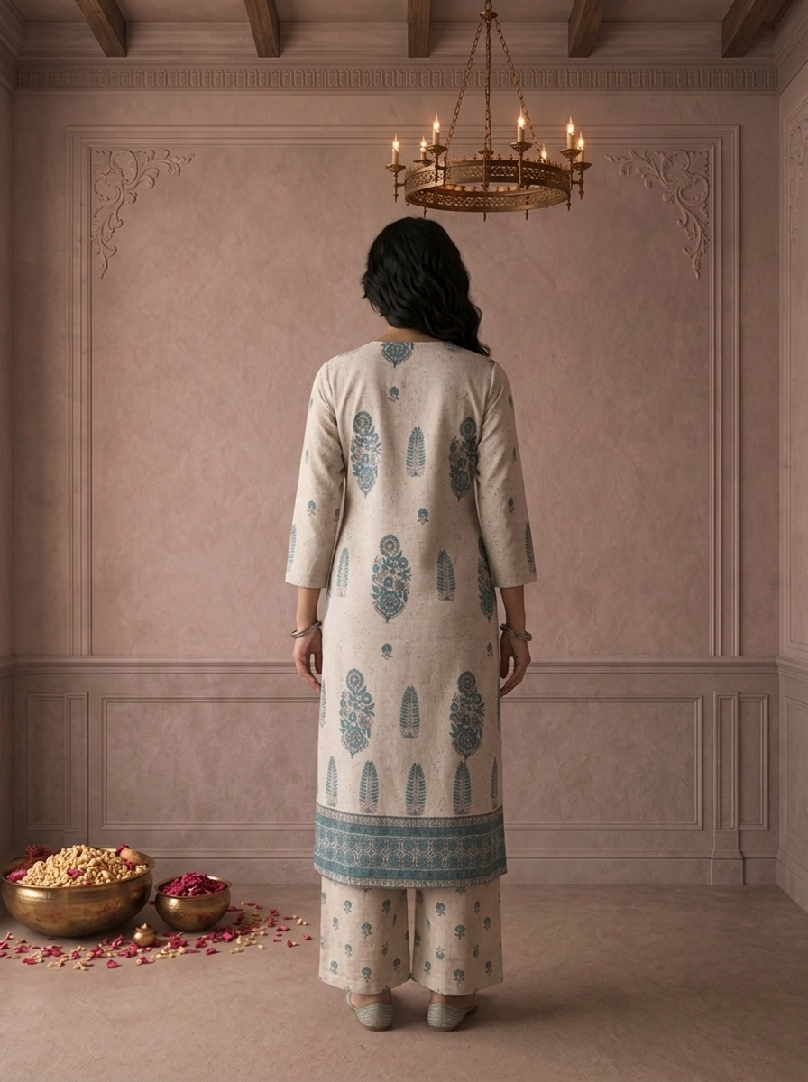 Beige Rayon Mughal Block Placement Printed Three Piece Set