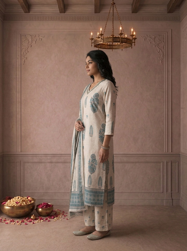 Beige Rayon Mughal Block Placement Printed Three Piece Set