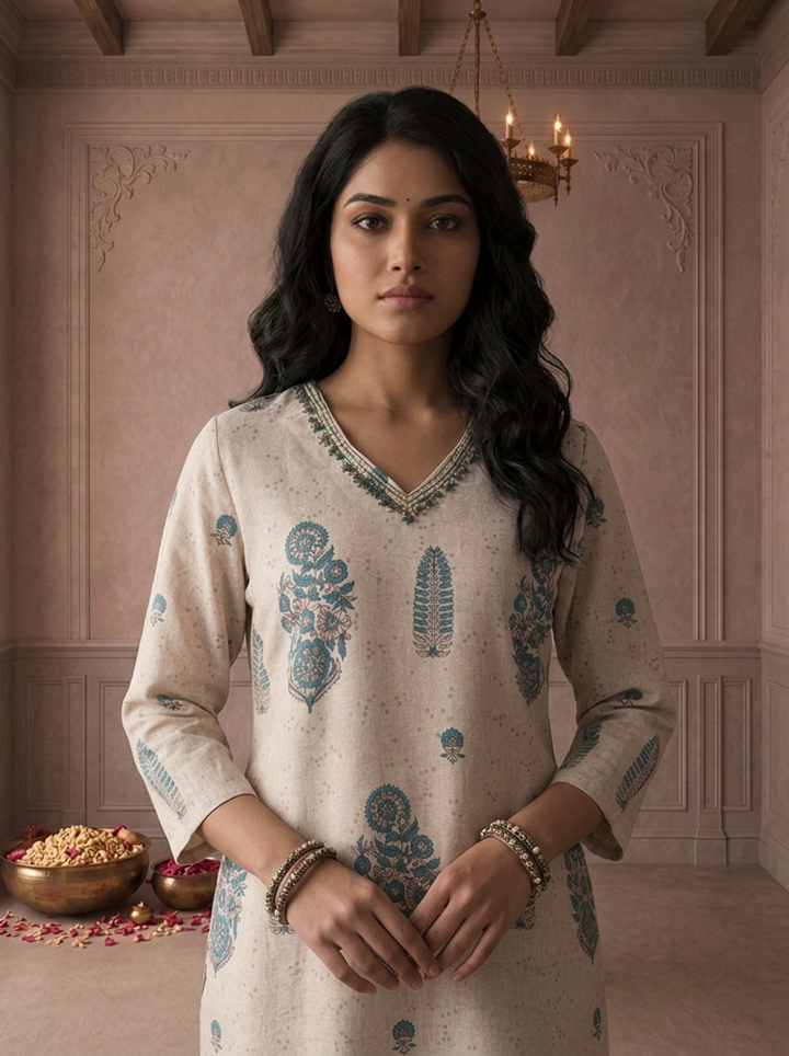 Beige Rayon Mughal Block Placement Printed Three Piece Set