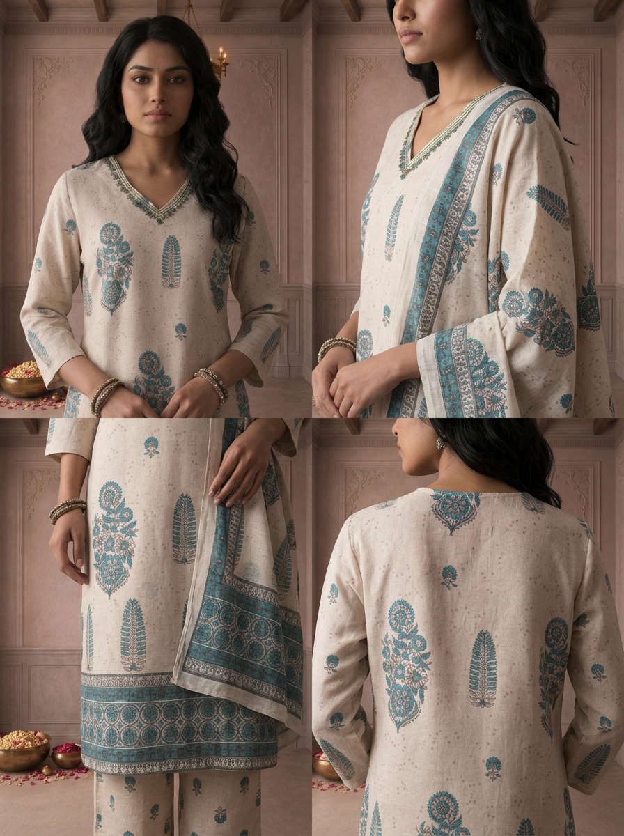 Beige Rayon Mughal Block Placement Printed Three Piece Set