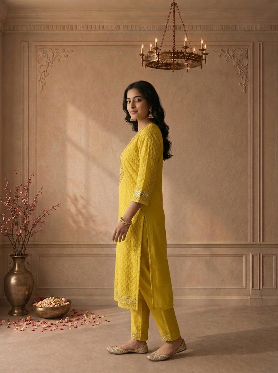 Mustard Green Georgette Thread Embroidered Three Piece Set
