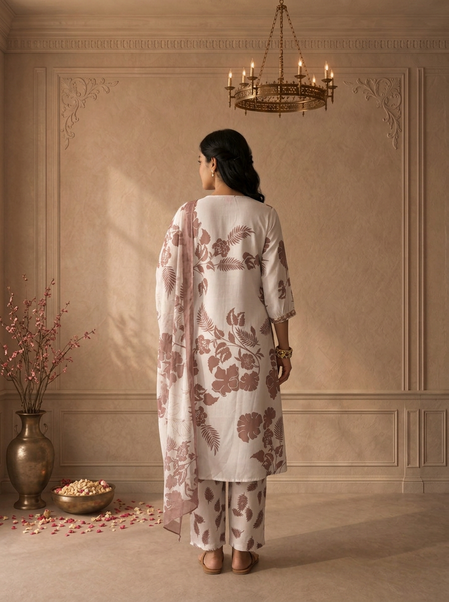 Brown Rayon Tropical Floral Printed Three Piece Set