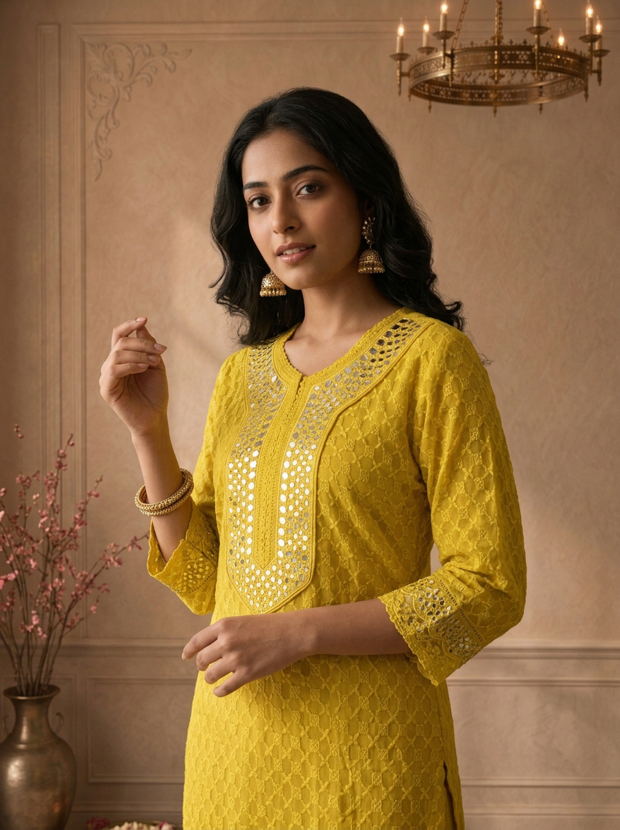 Mustard Green Georgette Thread Embroidered Three Piece Set