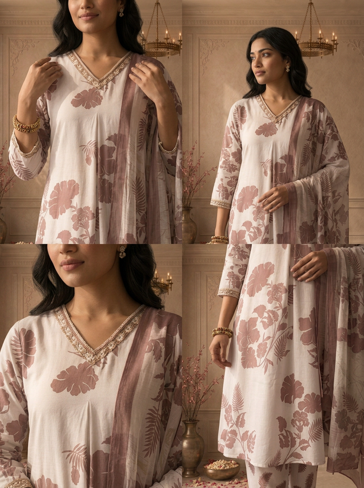 Brown Rayon Tropical Floral Printed Three Piece Set