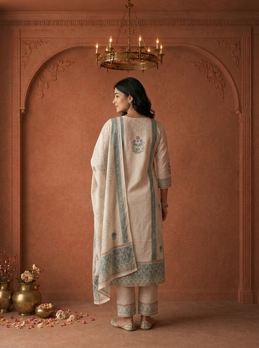 Beige Rayon Mughal Block Printed Three Piece Set