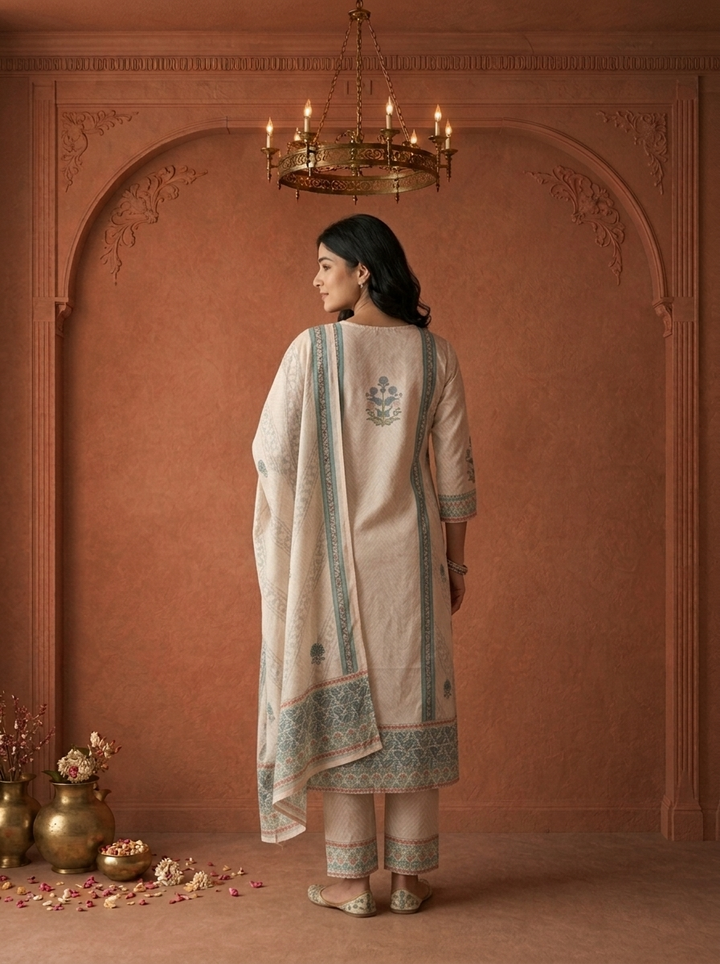 Beige Rayon Mughal Block Printed Three Piece Set