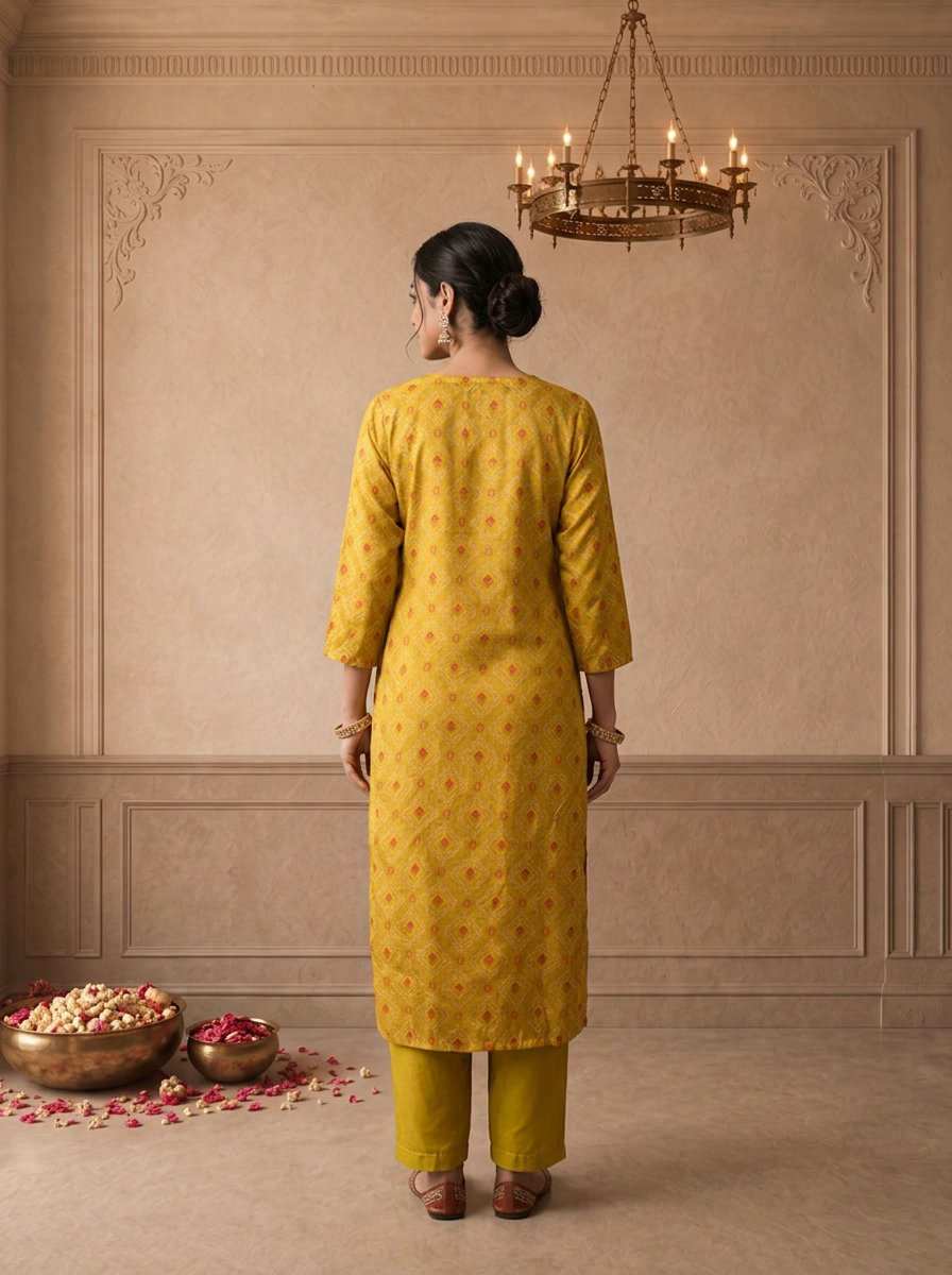 Mustard Muslin Ethnic Printed Three Piece Set