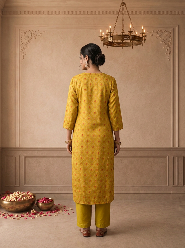 Mustard Muslin Ethnic Printed Three Piece Set
