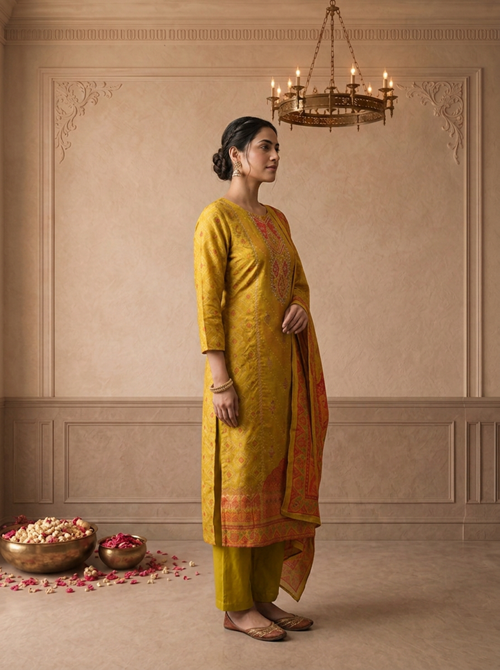 Mustard Muslin Ethnic Printed Three Piece Set