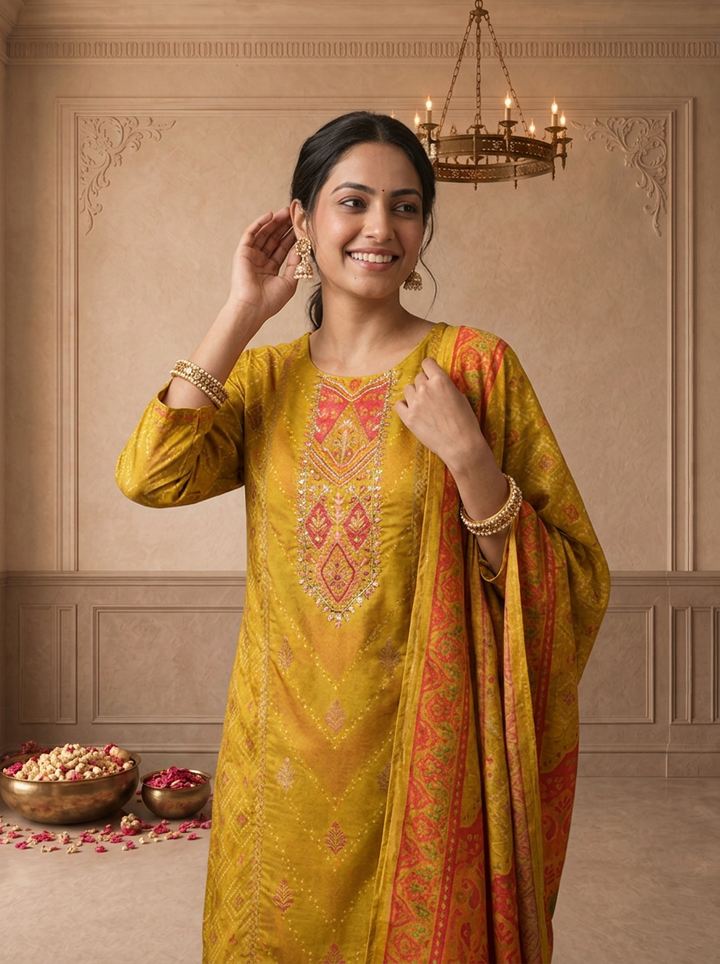 Mustard Muslin Ethnic Printed Three Piece Set