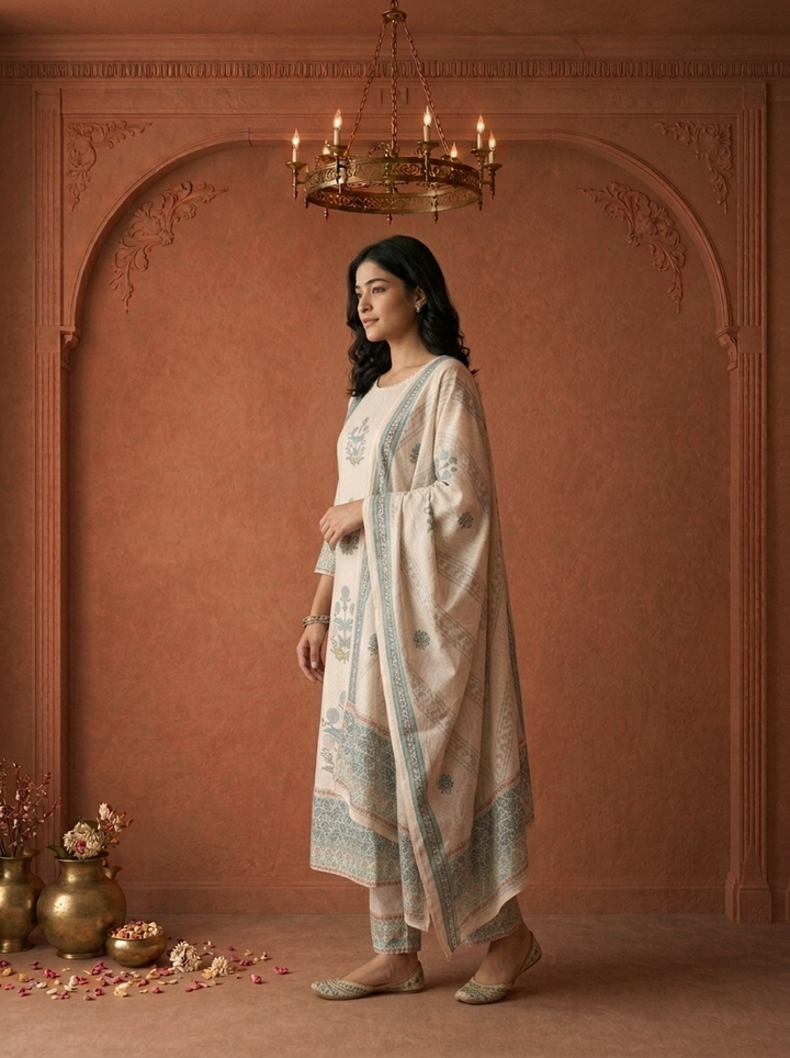 Beige Rayon Mughal Block Printed Three Piece Set