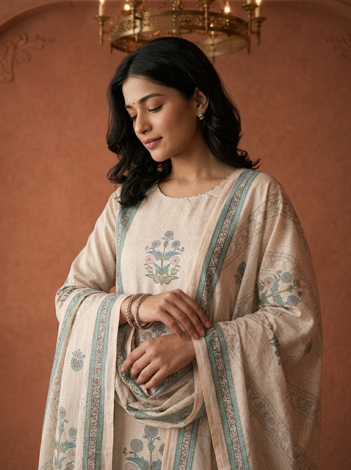 Beige Rayon Mughal Block Printed Three Piece Set