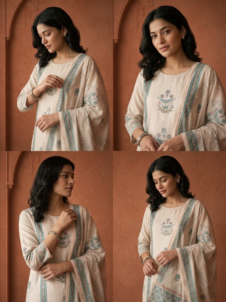 Beige Rayon Mughal Block Printed Three Piece Set