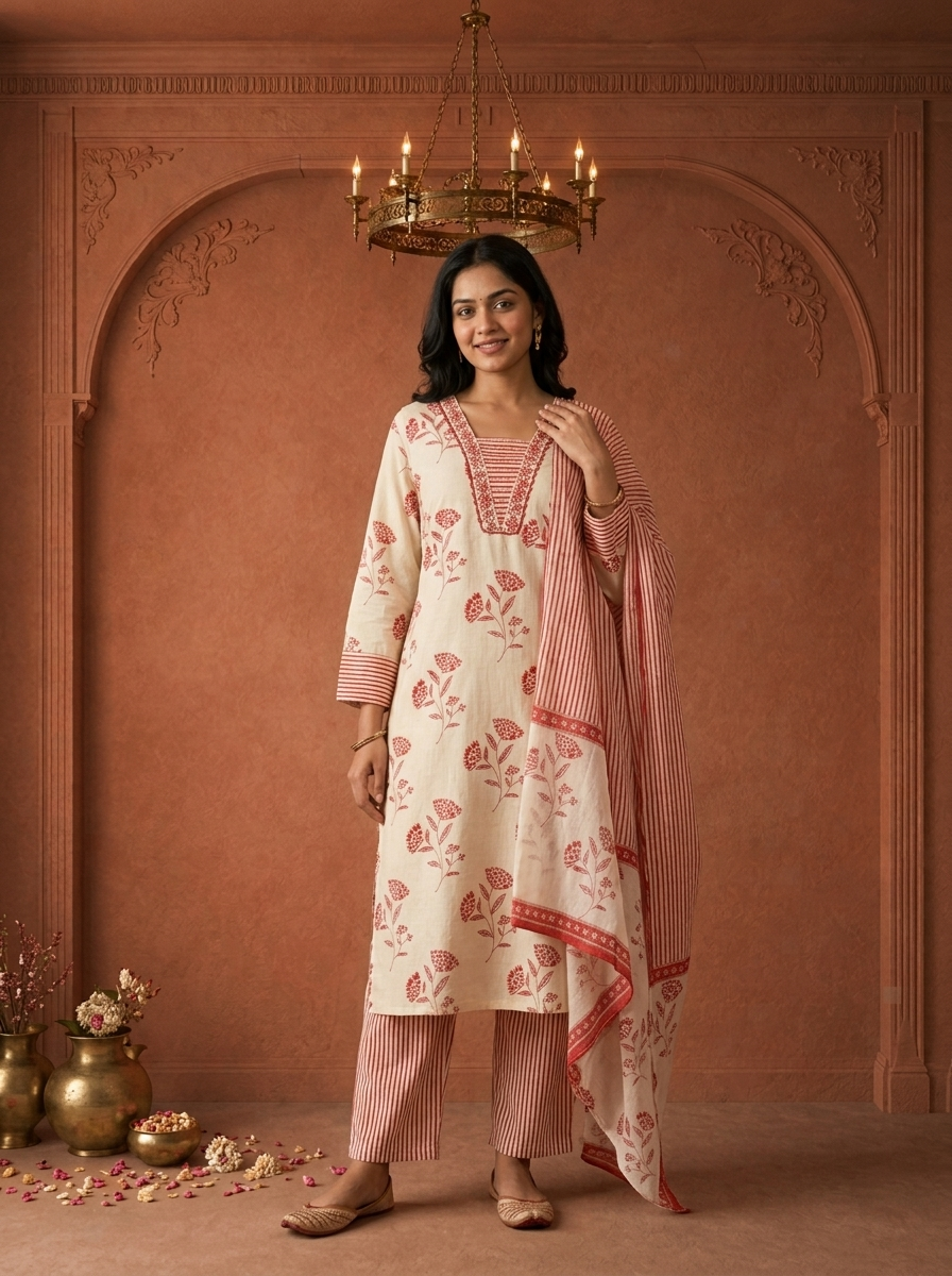 Red Cotton Floral Buta Block Printed Three Piece Set