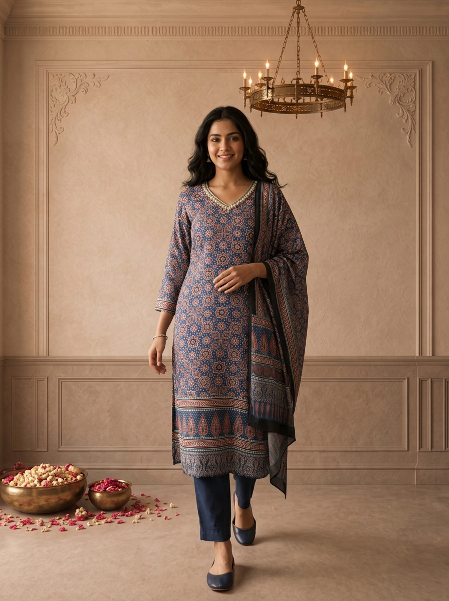 Royal Blue Muslin Ajrakh Block Printed Three Piece Set