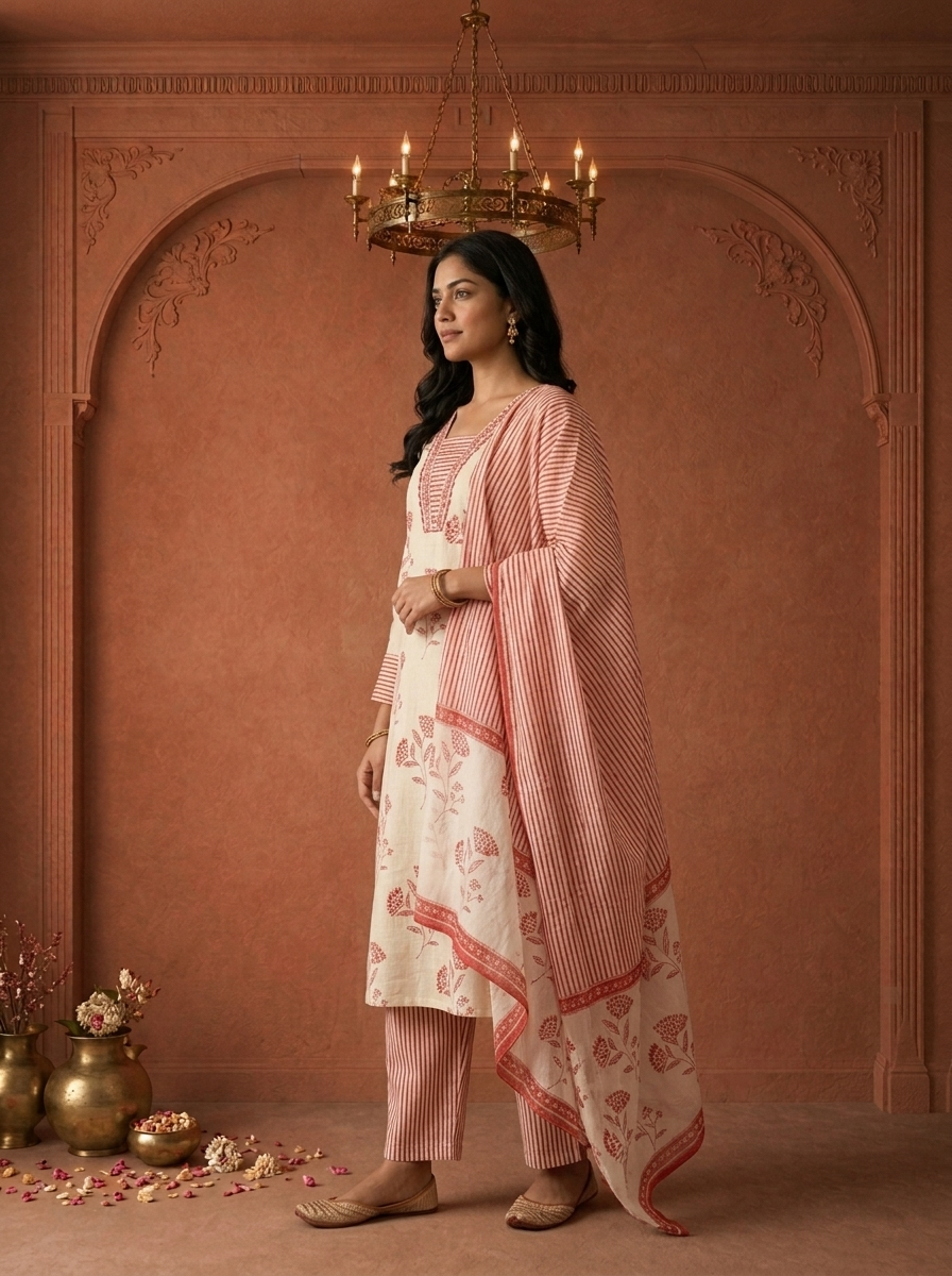 Red Cotton Floral Buta Block Printed Three Piece Set