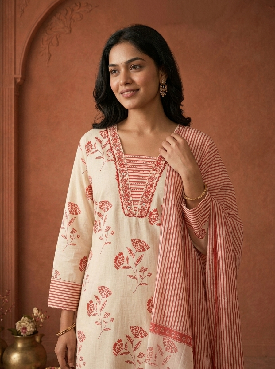 Red Cotton Floral Buta Block Printed Three Piece Set