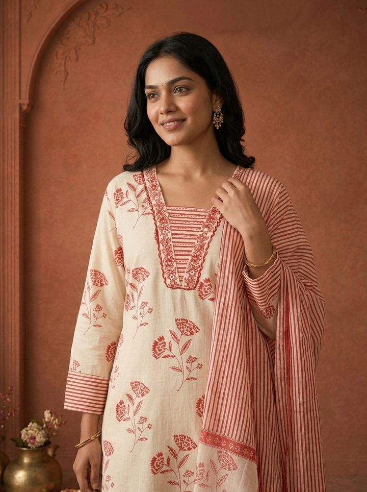 Red Cotton Floral Buta Block Printed Three Piece Set