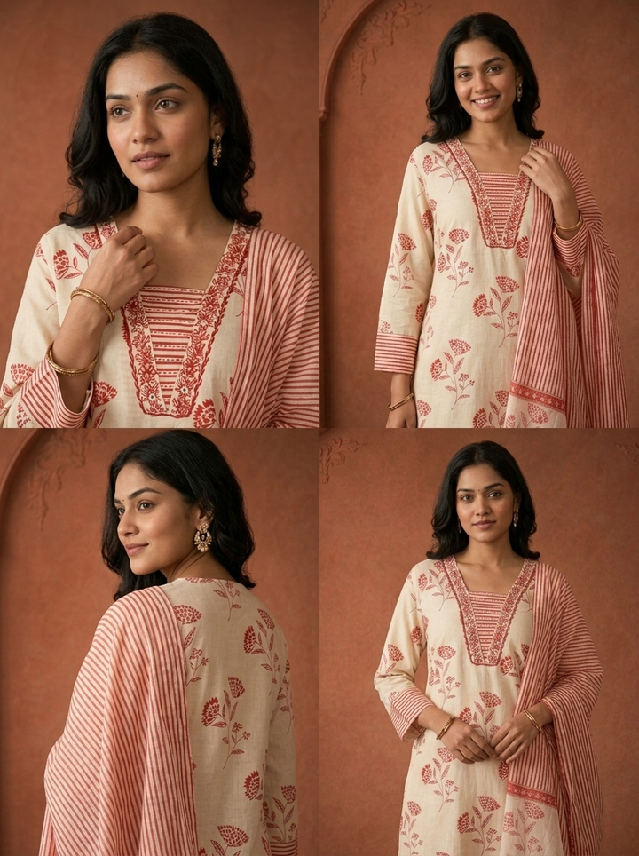 Red Cotton Floral Buta Block Printed Three Piece Set