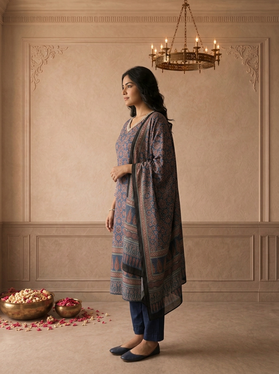 Royal Blue Muslin Ajrakh Block Printed Three Piece Set