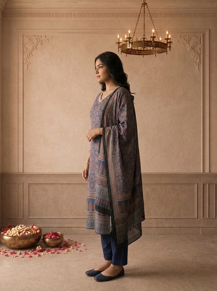 Royal Blue Muslin Ajrakh Block Printed Three Piece Set