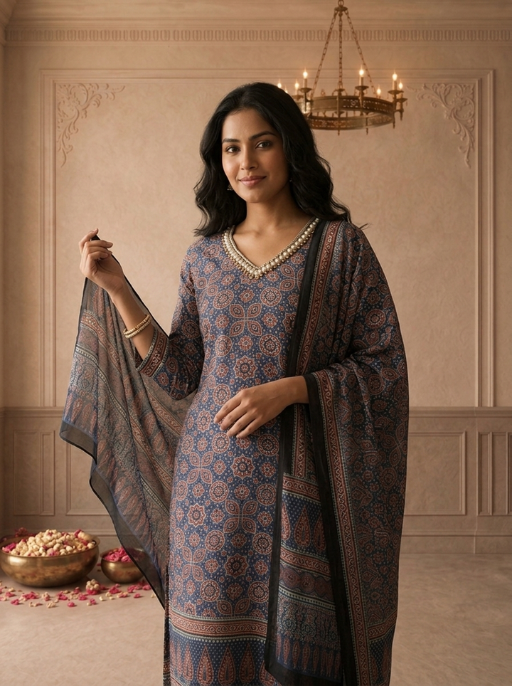 Royal Blue Muslin Ajrakh Block Printed Three Piece Set