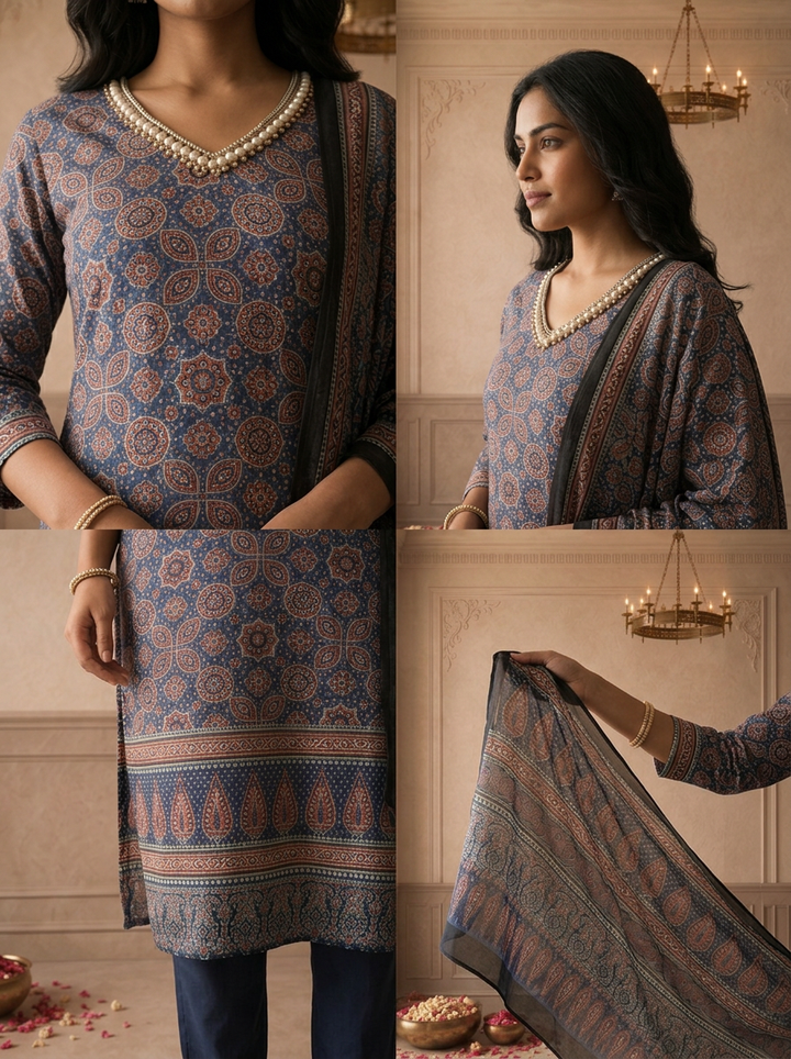 Royal Blue Muslin Ajrakh Block Printed Three Piece Set