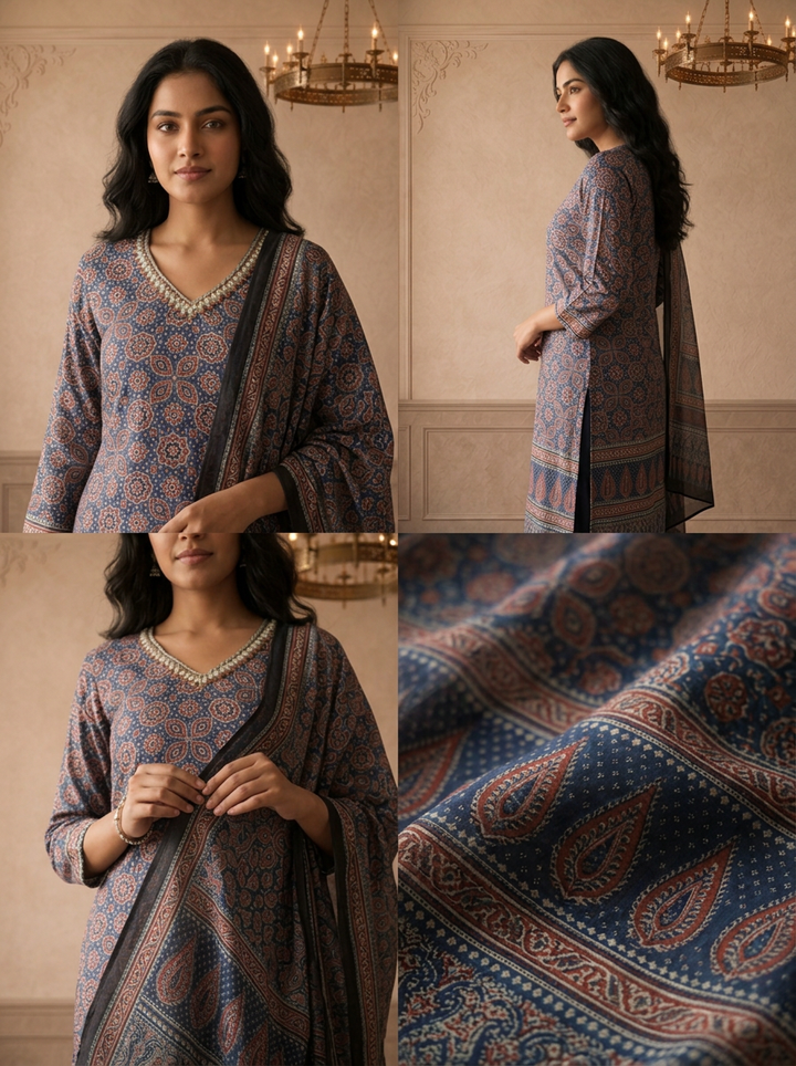 Royal Blue Muslin Ajrakh Block Printed Three Piece Set