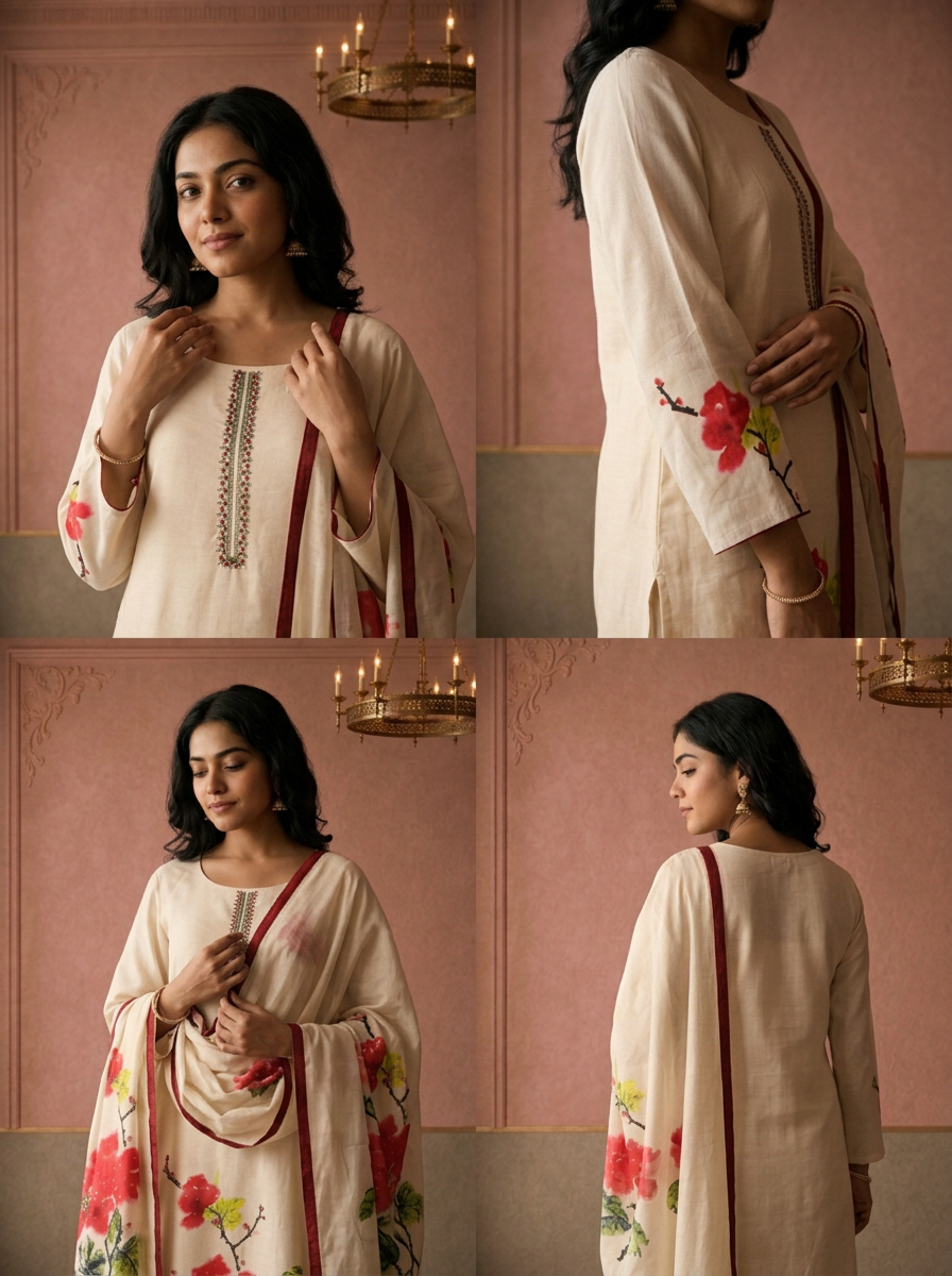 Cream Muslin Hand Painted Floral Printed Three Piece Set