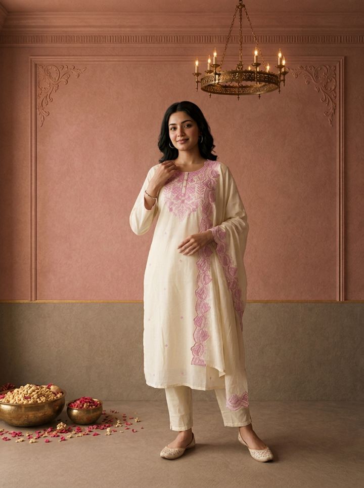 Lilac Cotton Diamond Buti Thread Embroidered Three Piece Set