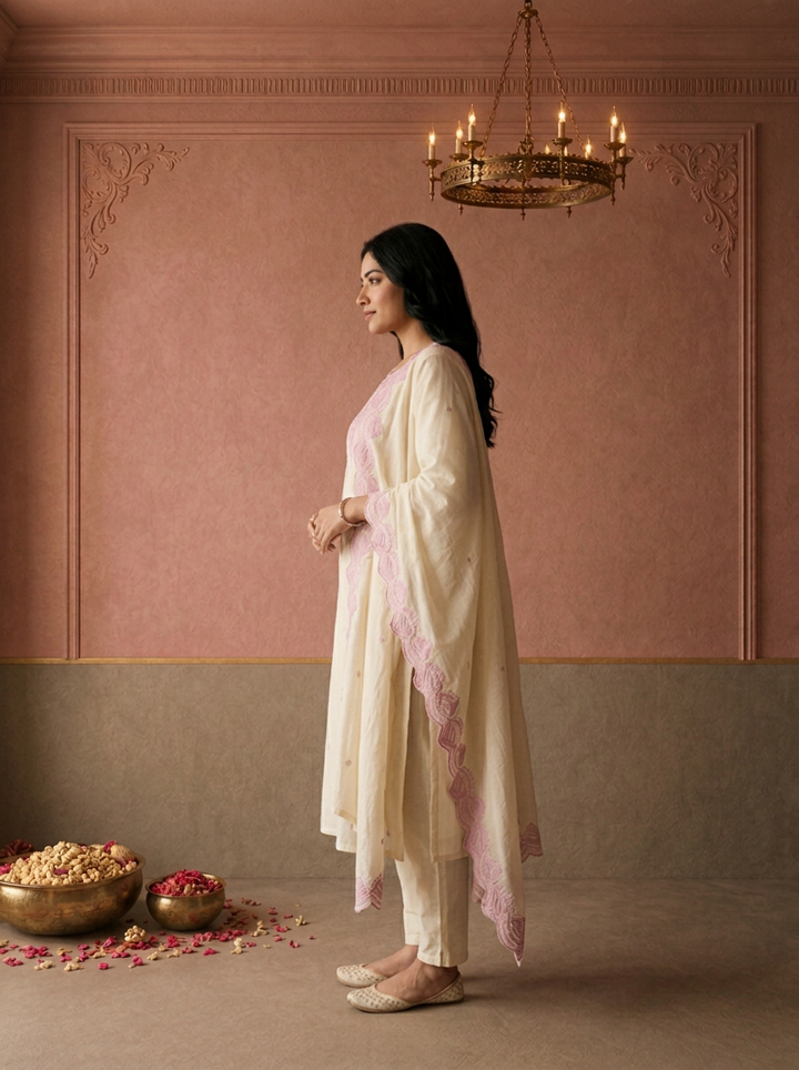 Lilac Cotton Diamond Buti Thread Embroidered Three Piece Set