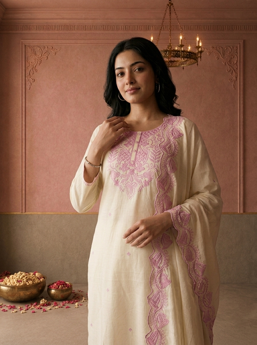Lilac Cotton Diamond Buti Thread Embroidered Three Piece Set