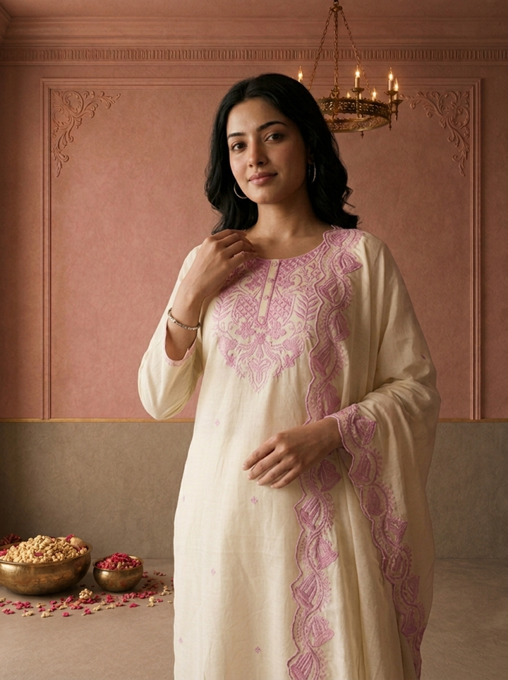 Lilac Cotton Diamond Buti Thread Embroidered Three Piece Set