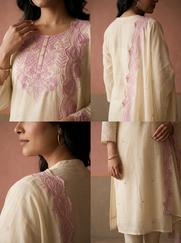 Lilac Cotton Diamond Buti Thread Embroidered Three Piece Set