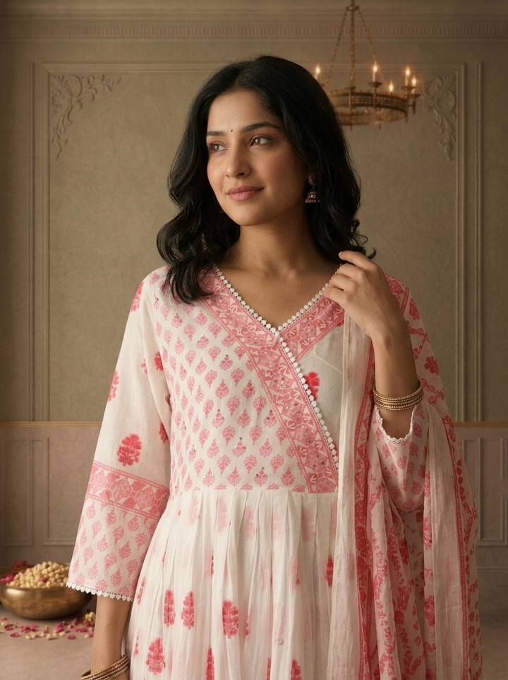 Pink Cotton Floral Buti Printed Three Piece Set