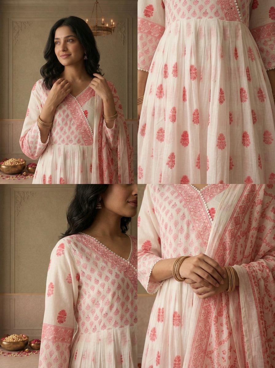 Pink Cotton Floral Buti Printed Three Piece Set