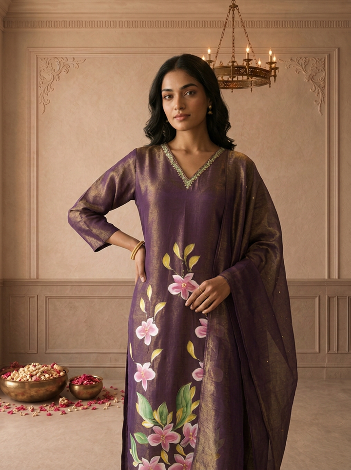 Wine Tissue Floral Hand Painted Printed Three Piece Set