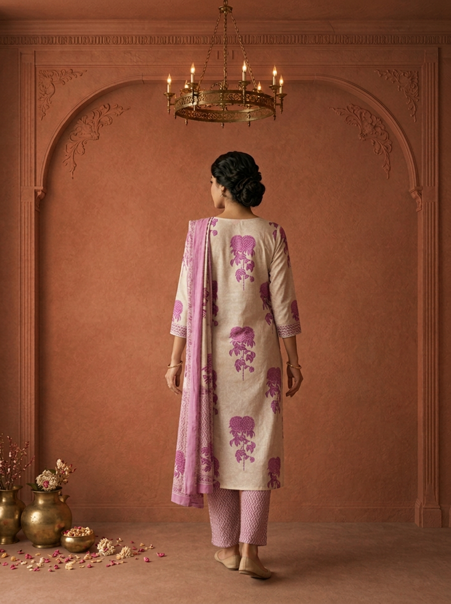 Purple Cotton Rose Block Printed Three Piece Set
