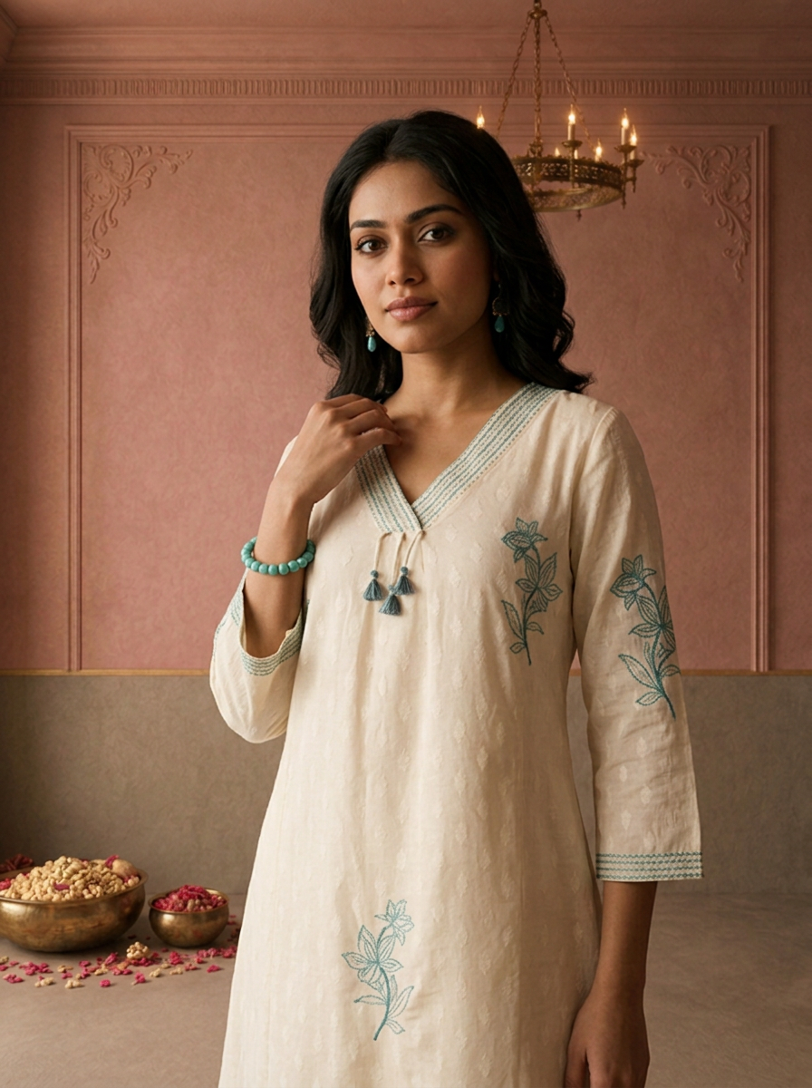 Cream Cotton Lily Floral Thread Embroidered Three Piece Set