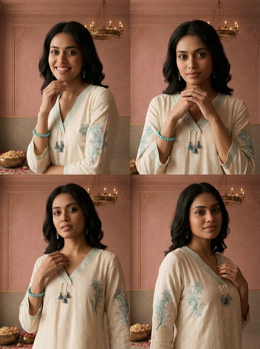 Cream Cotton Lily Floral Thread Embroidered Three Piece Set